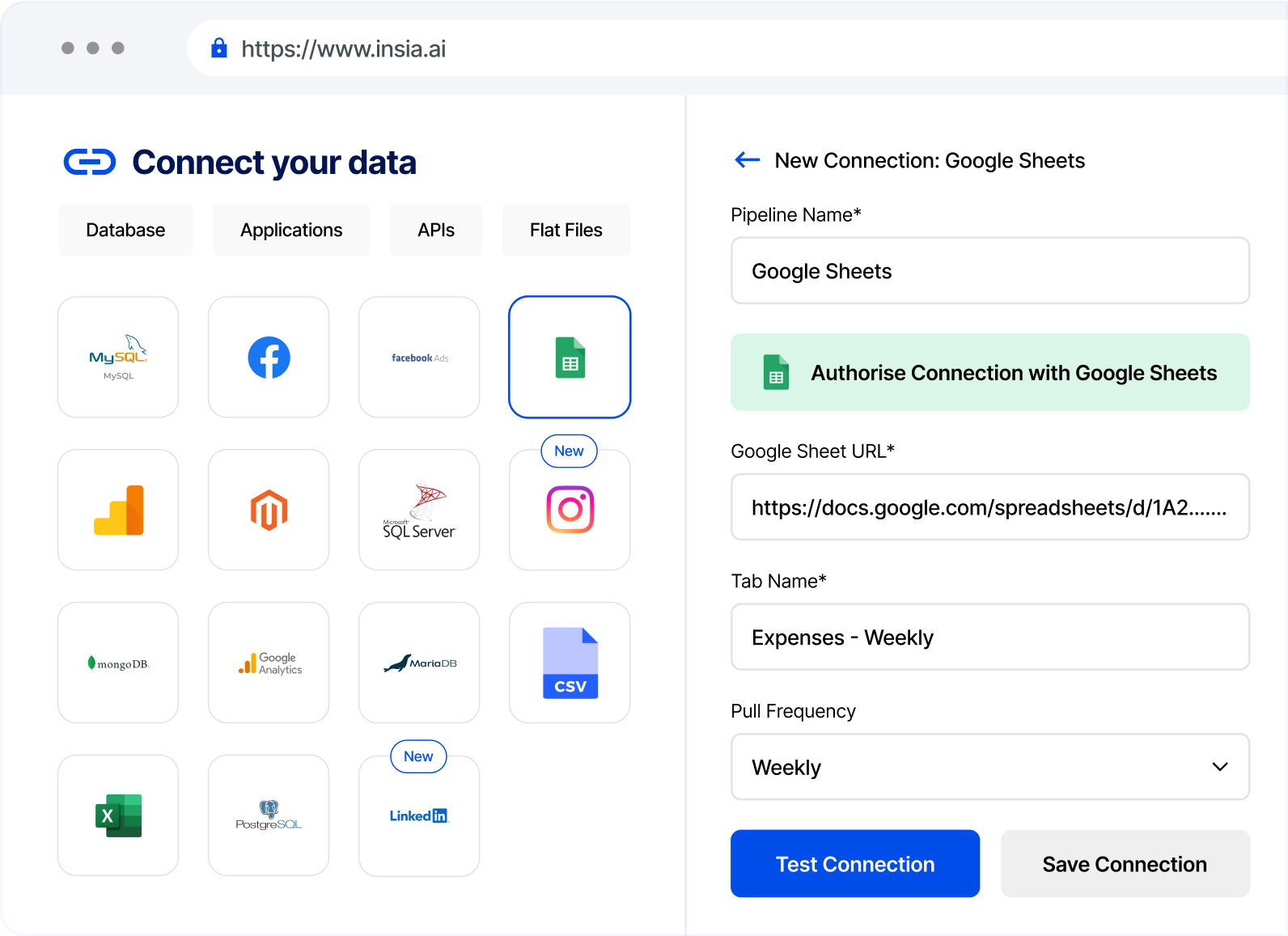 Connect your data — pipeline configuration screen with 30+ data source logos